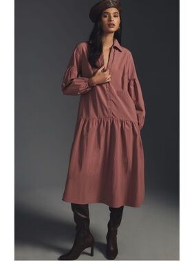 Anthropologie Maeve Taffeta Dress Button Front Rose Pink Midi